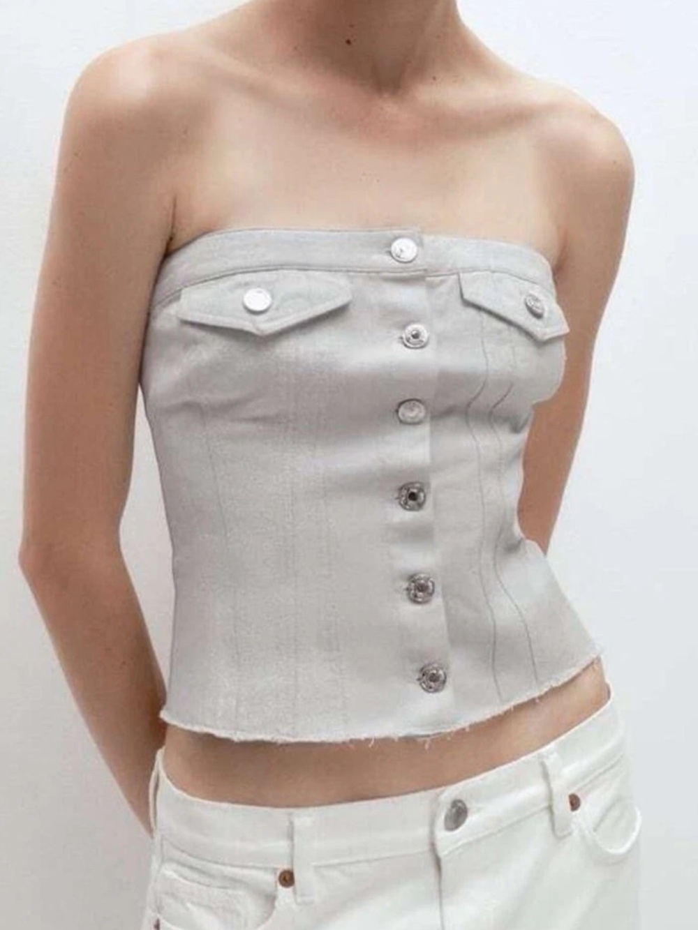 Zara Light Gray Strapless Button-Front Bustier - image 1